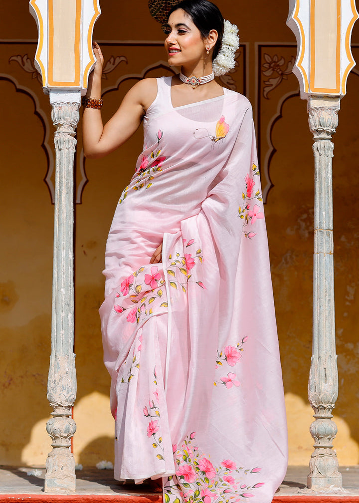 Pastel Pink Designer Hand Painted Floral Cotton Kota Doria Saree