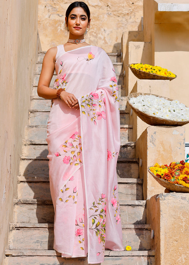 Pastel Pink Designer Hand Painted Floral Cotton Kota Doria Saree