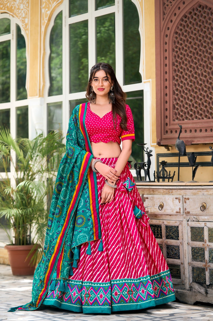 Pink Tussar Silk Leheriya With Patola Print Border Lehenga