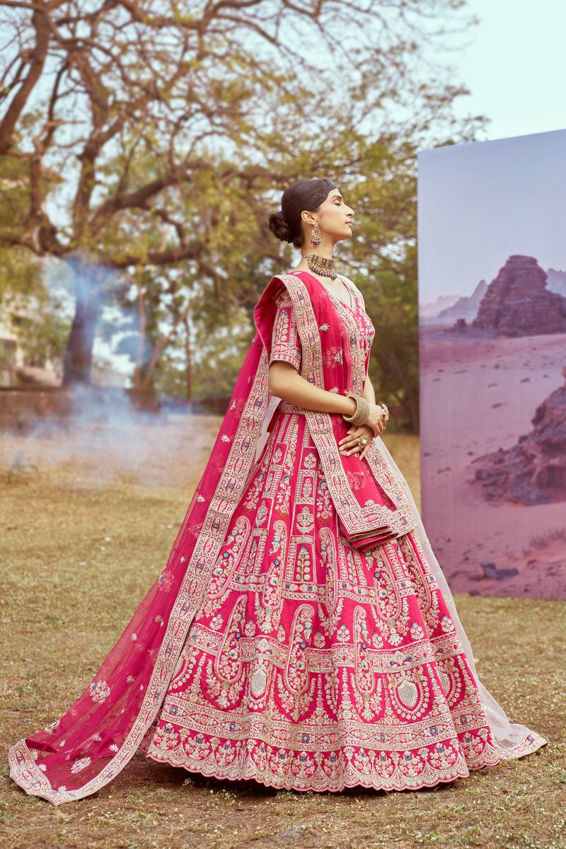 Pink Pure silk Moti, Sequins embroidery Semi-Stitched Bridel Lehenga choli & Dupatta