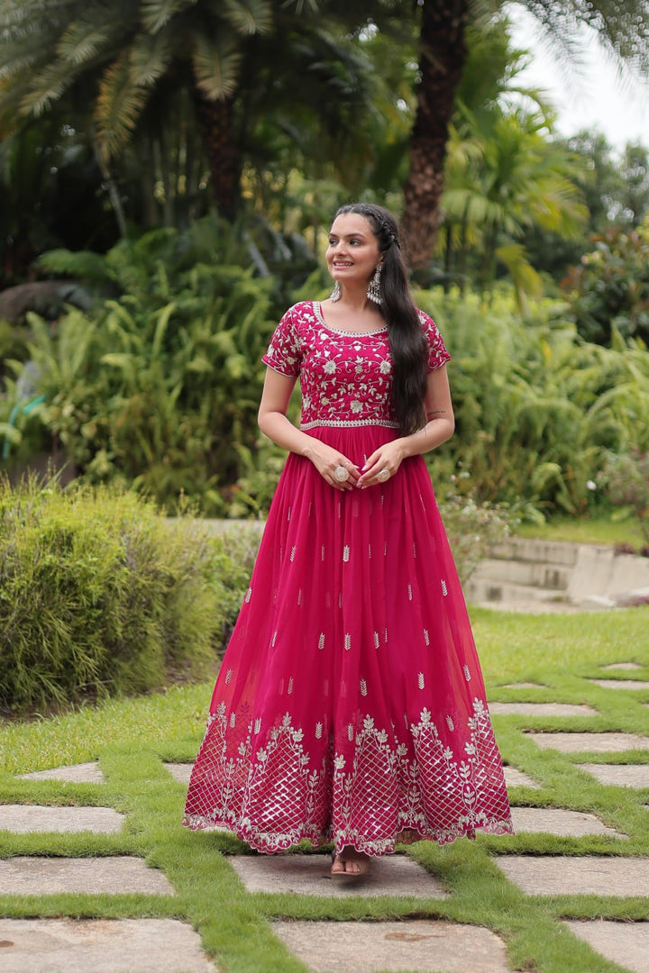 Pink Faux Blooming with Embroidery Zari Sequins-work Gown