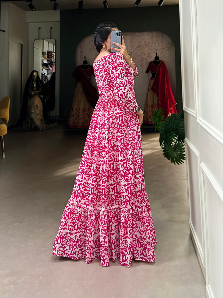 Pink Georgette flowy, and printed Gown