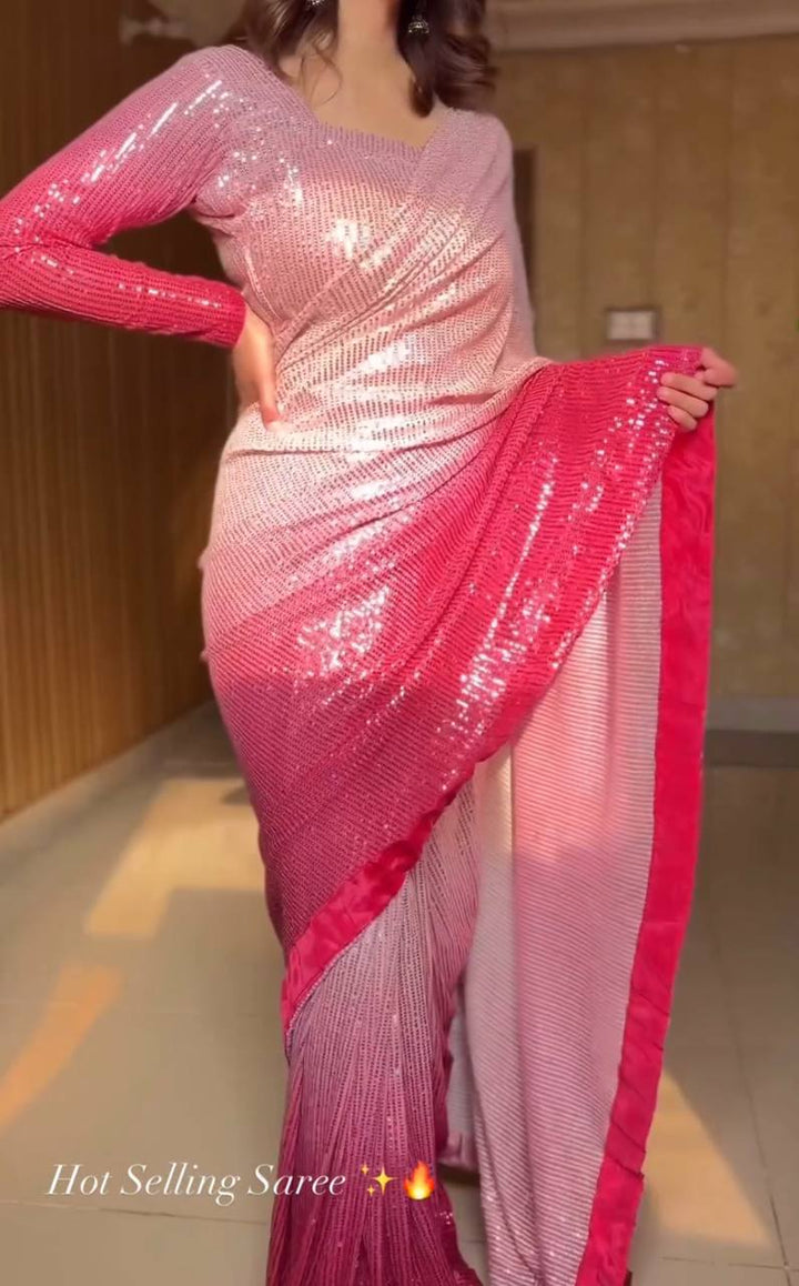 PINK FAUX GEORGEET WITH EMBROIDERY HEAVY SEQUENCE WORK SAREE