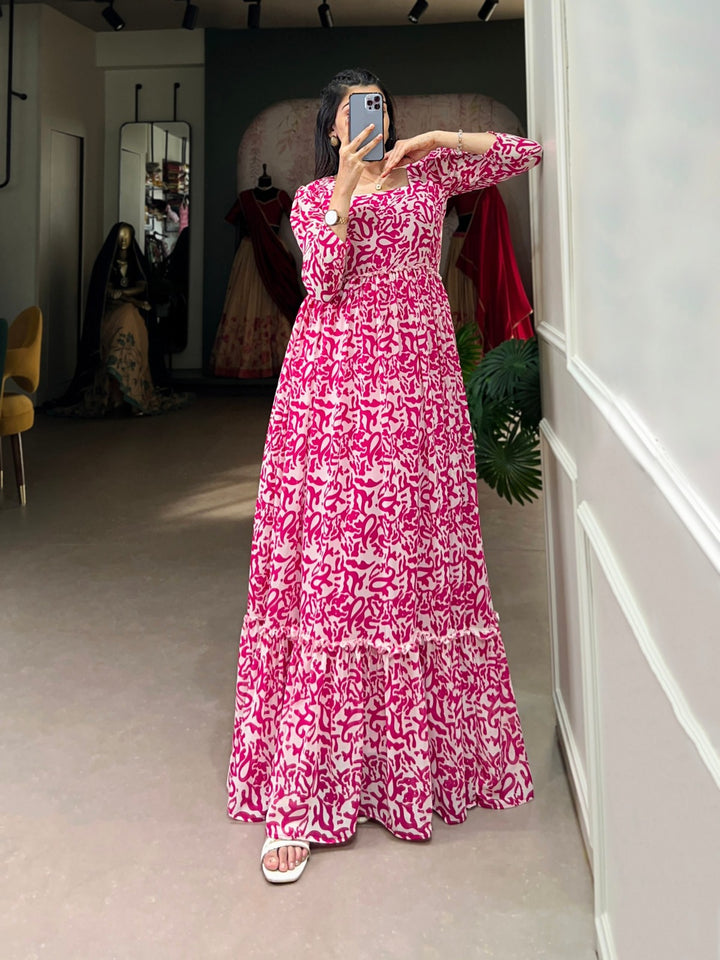 Pink Georgette flowy, and printed Gown