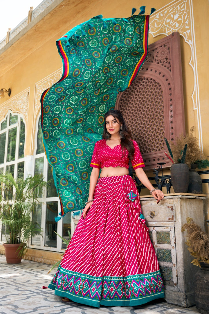 Pink Tussar Silk Leheriya With Patola Print Border Lehenga