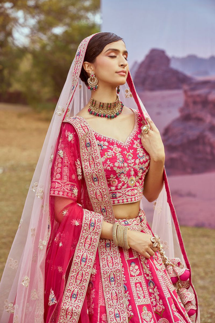 Pink Pure silk Moti, Sequins embroidery Semi-Stitched Bridel Lehenga choli & Dupatta