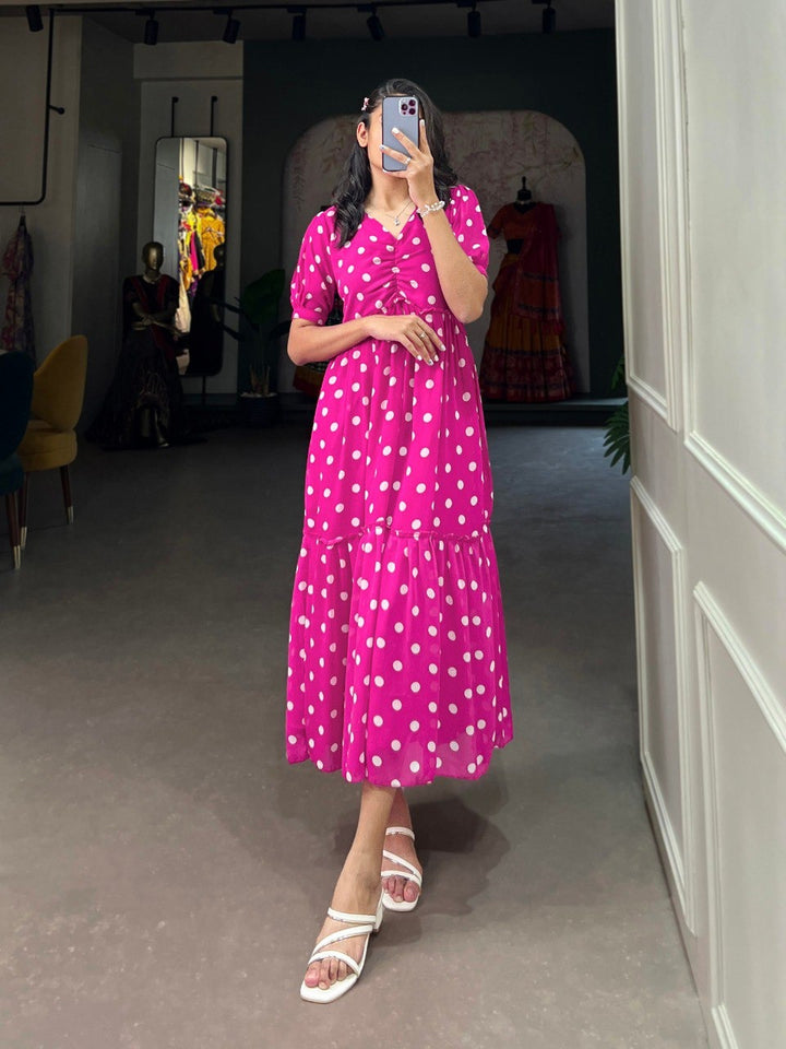 Pink Georgette Polka Dot Print Frock