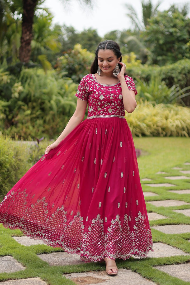 Pink Faux Blooming with Embroidery Zari Sequins-work Gown