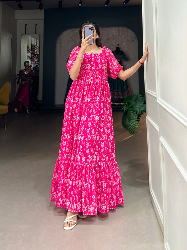 Pink Georgette Floral print Gown