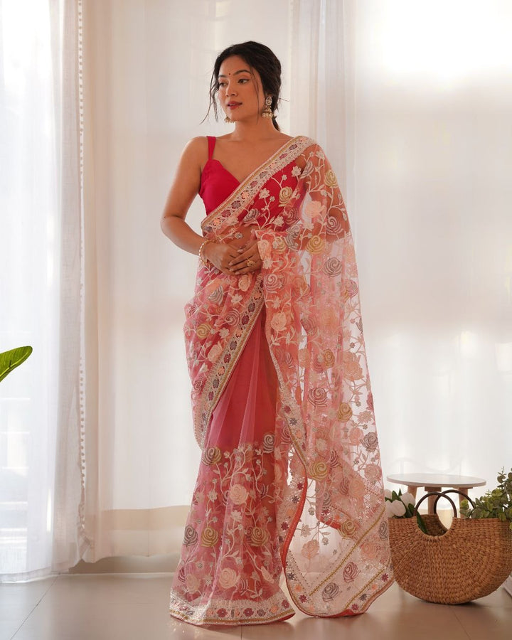 Butterfly Net Malty Color Thread & Aari Embroidery Work Saree In Pink Color 