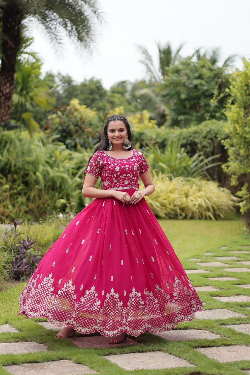 Pink Faux Blooming with Embroidery Zari Sequins-work Gown