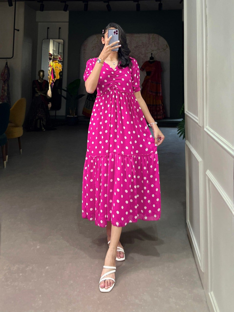 Pink Georgette Polka Dot Print Frock