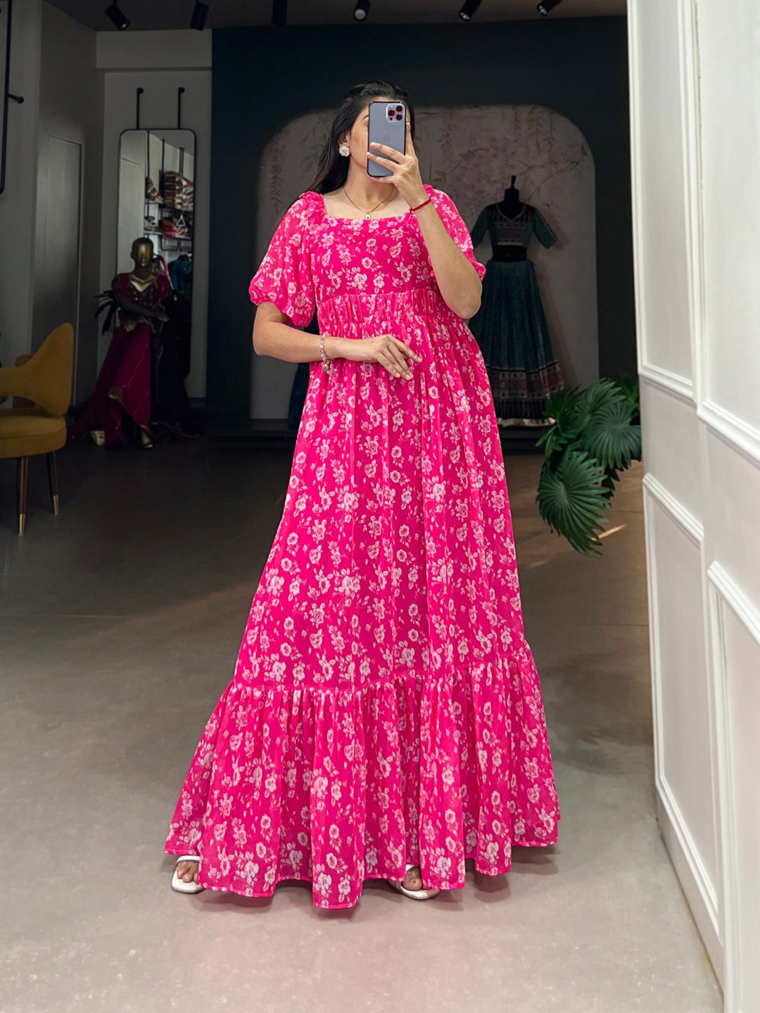 Pink Georgette Floral print Gown