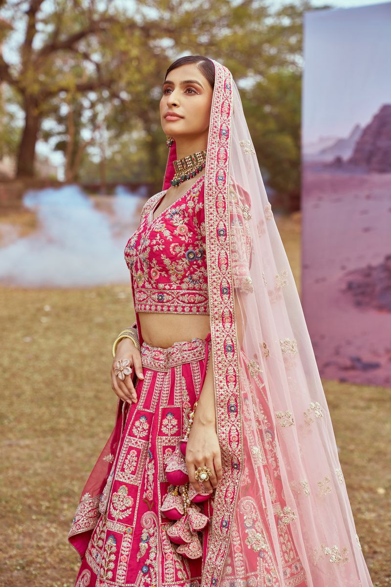 Pink Pure silk Moti, Sequins embroidery Semi-Stitched Bridel Lehenga choli & Dupatta