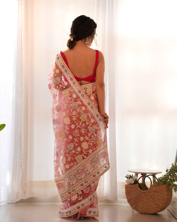 Butterfly Net Malty Color Thread Saree with Aari Embroidery Work in Pink Color