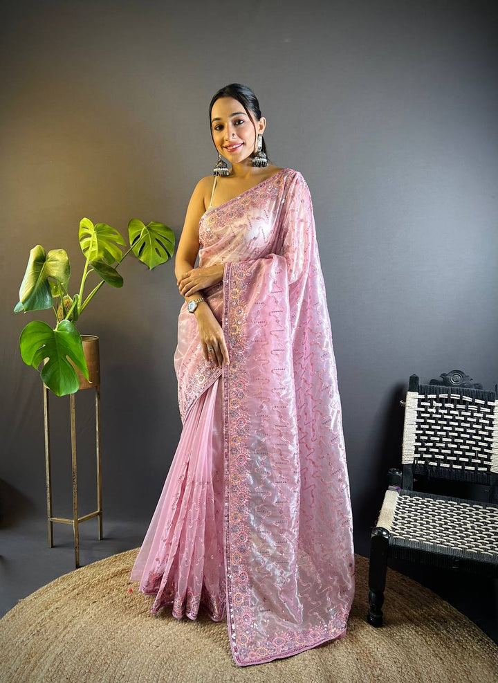 Pink Heavy Twill Net Designer Thread & Sequence Embroidery Work Saree