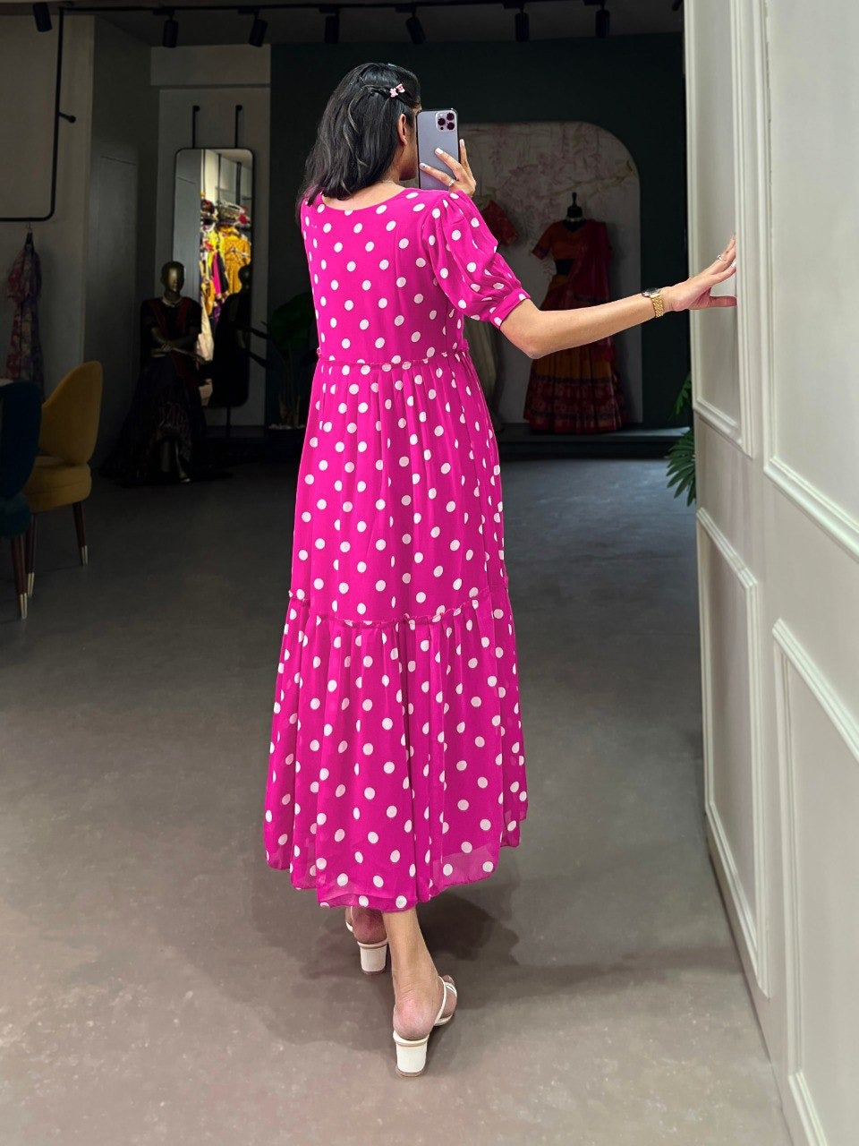 Pink Georgette Polka Dot Print Frock