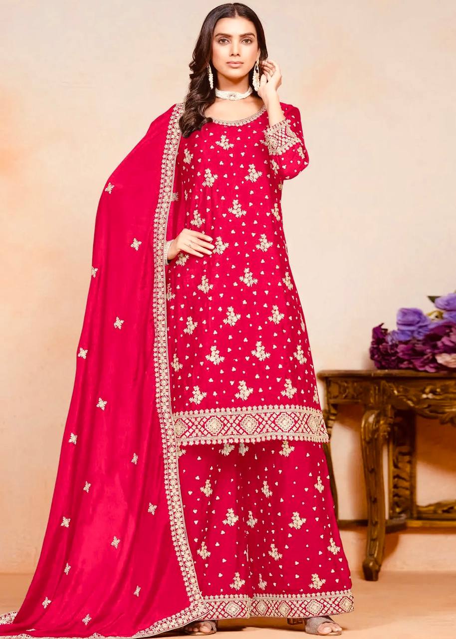 Beautiful pink Chinon suit with intricate embroidery sequence design work and matching crap silk plazzo - inspired by traditional Indian fashion