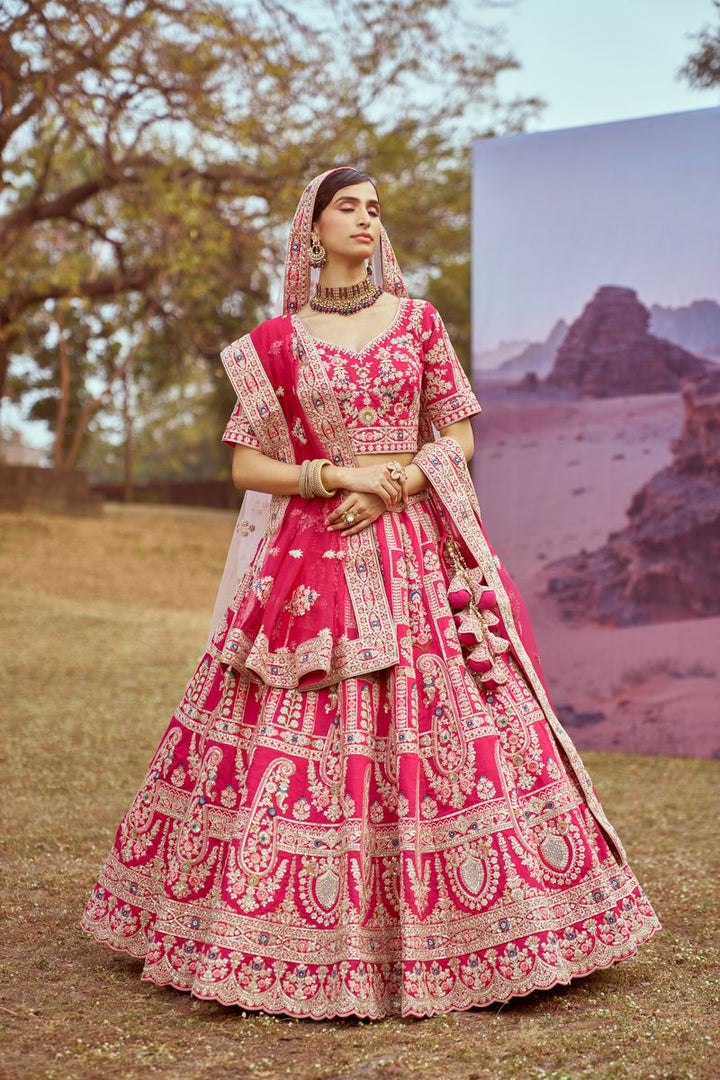 Pink Pure silk Moti, Sequins embroidery Semi-Stitched Bridel Lehenga choli & Dupatta