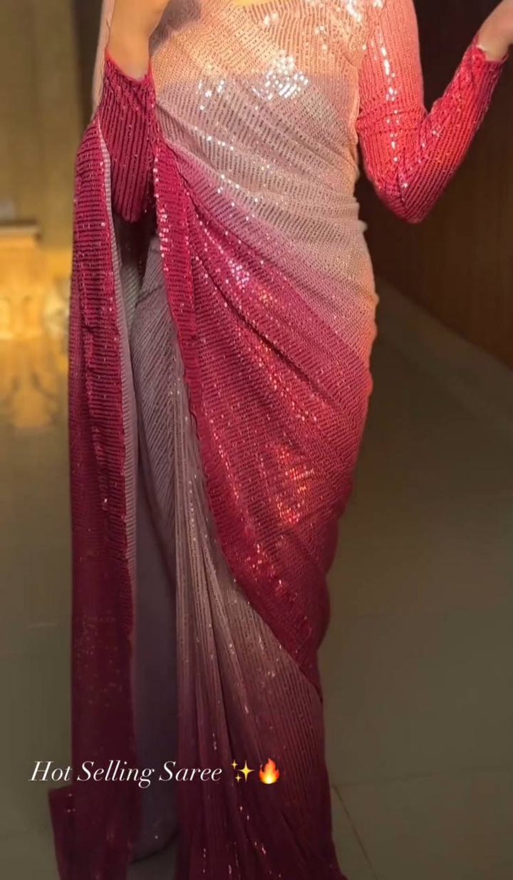 PINK FAUX GEORGEET WITH EMBROIDERY HEAVY SEQUENCE WORK SAREE