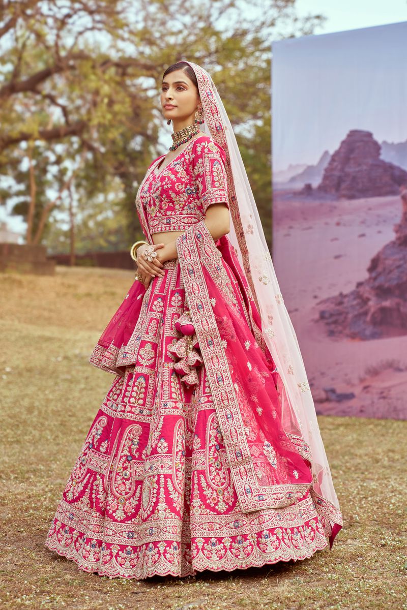 Pink Pure silk Moti, Sequins embroidery Semi-Stitched Bridel Lehenga choli & Dupatta