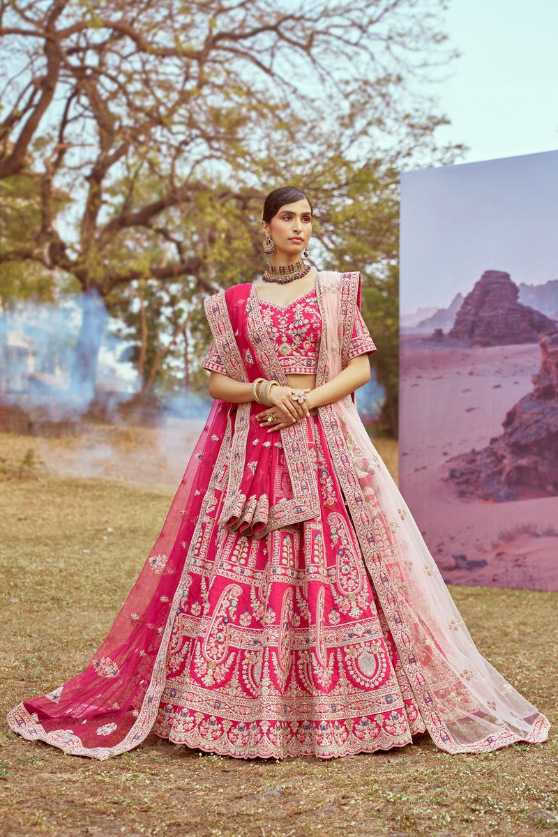 Pink Pure silk Moti, Sequins embroidery Semi-Stitched Bridel Lehenga choli & Dupatta