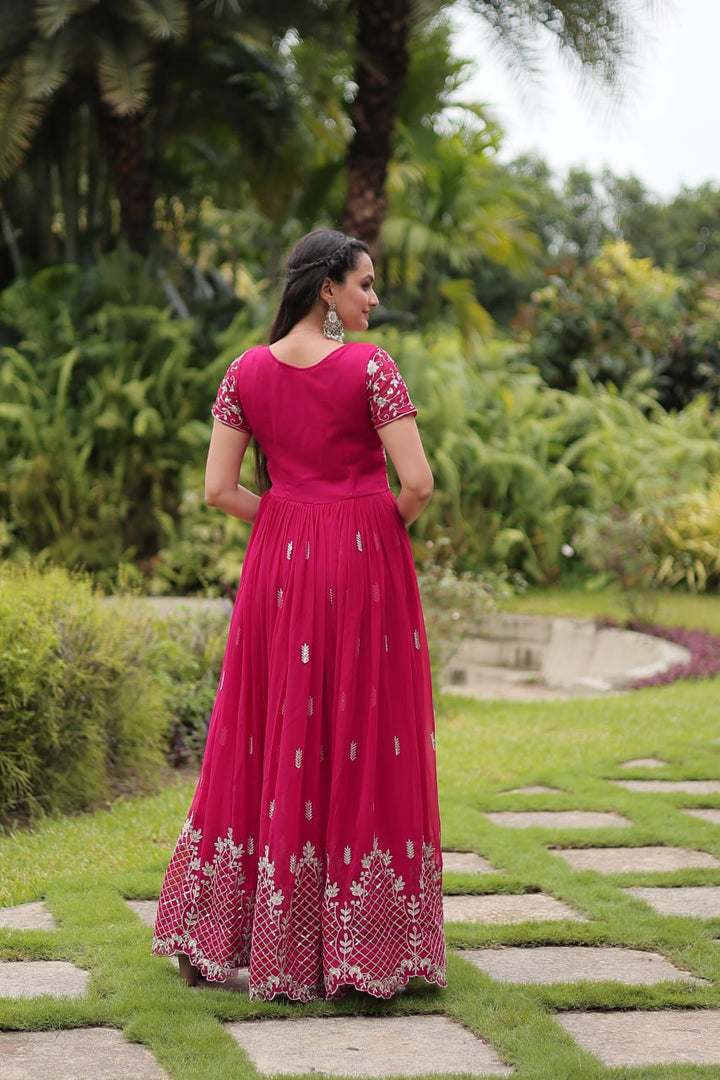 Pink Faux Blooming with Embroidery Zari Sequins-work Gown