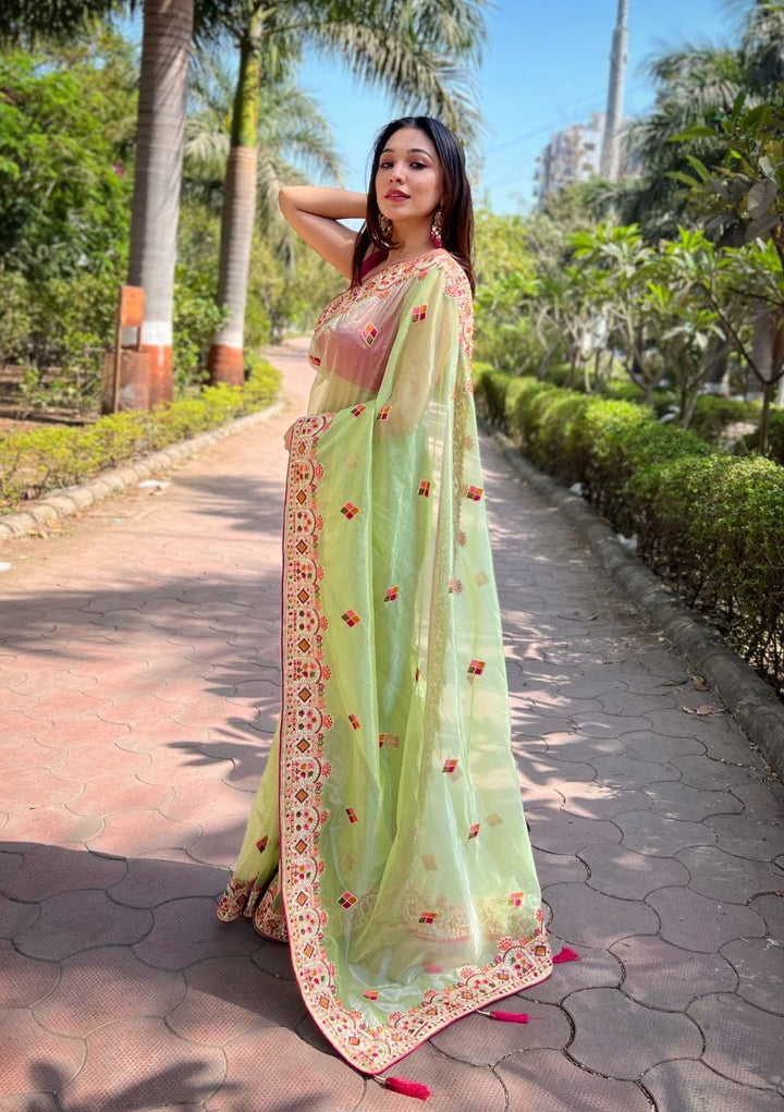 Twill Net Designer Embroidery work Saree in Pista Color - qivii