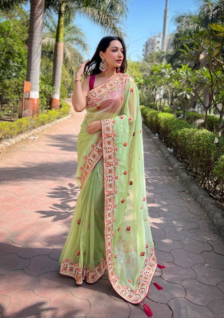 Twill Net Designer Embroidery work Saree in Pista Color - qivii