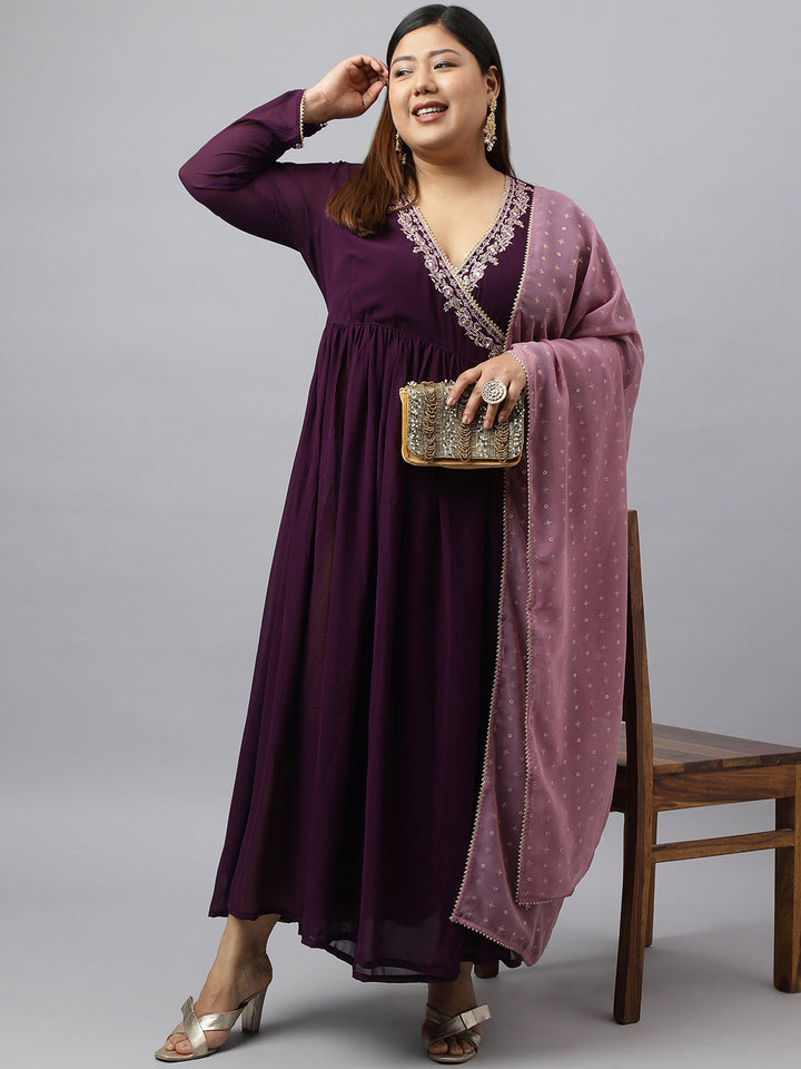 Wine Georgette Embellished Kurta with Dupatta  - By Janasya