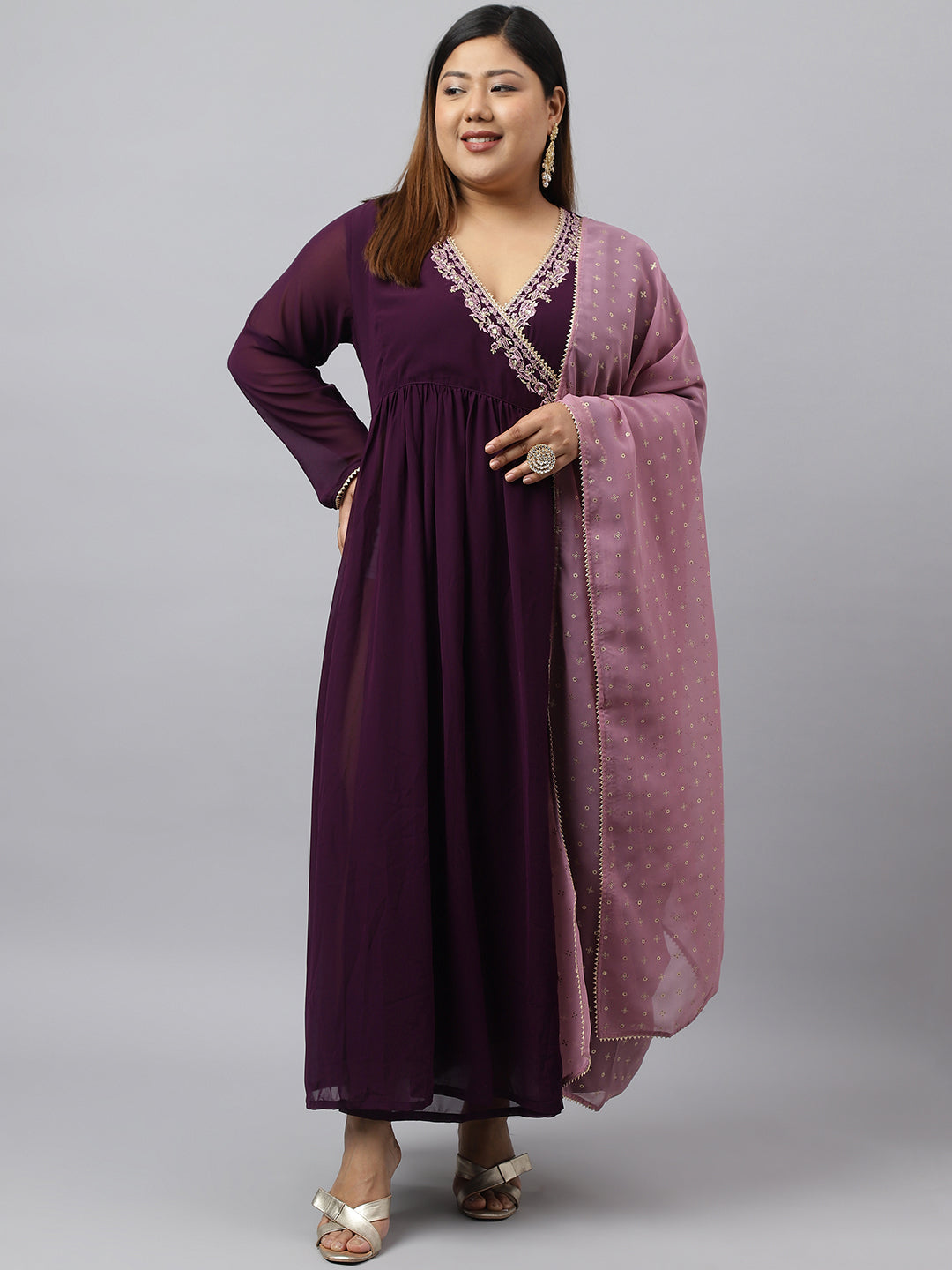 Wine Georgette Embellished Kurta with Dupatta  - By Janasya