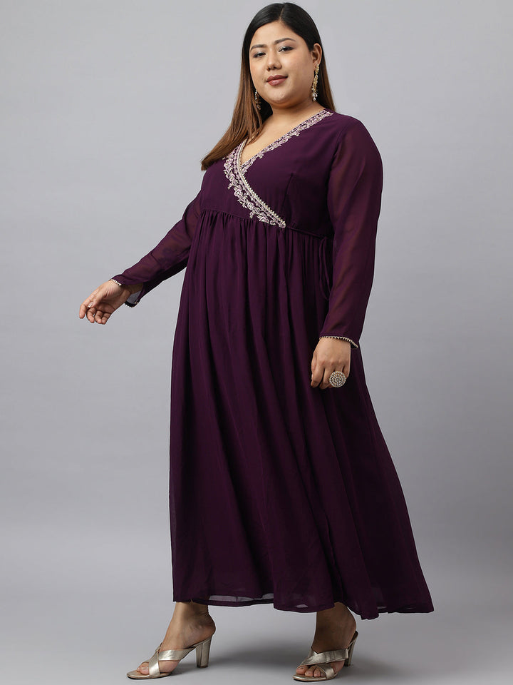 Wine Georgette Embellished Kurta with Dupatta  - By Janasya