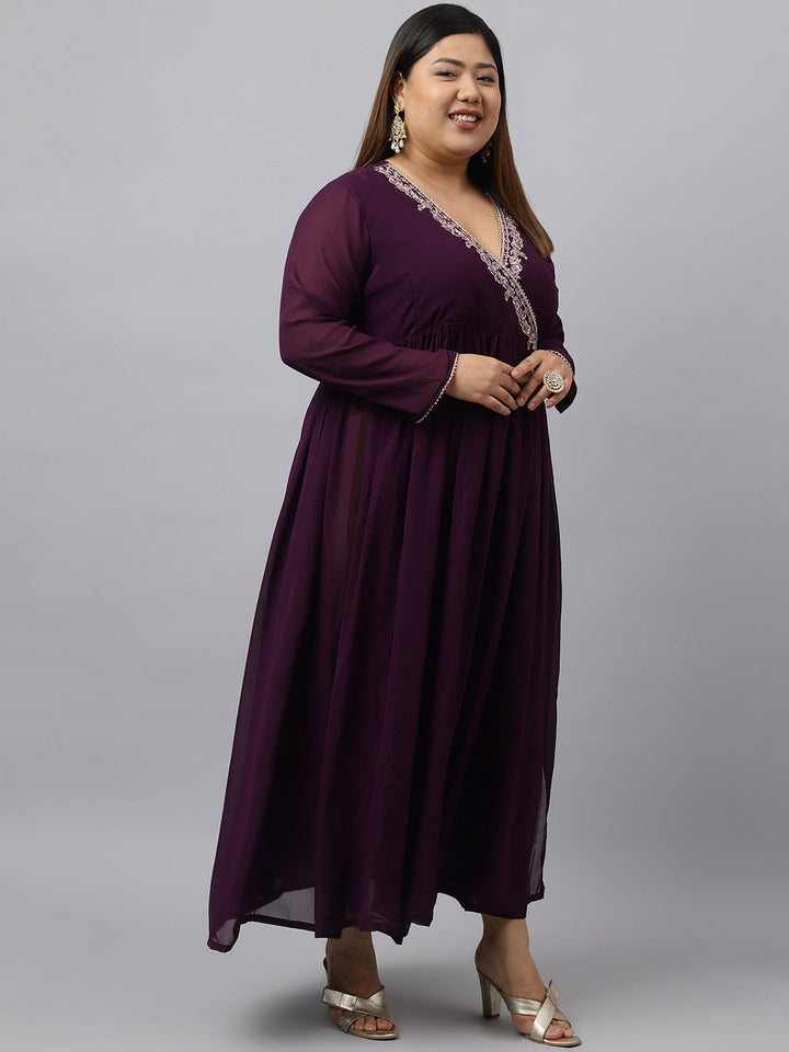 Wine Georgette Embellished Kurta with Dupatta  - By Janasya