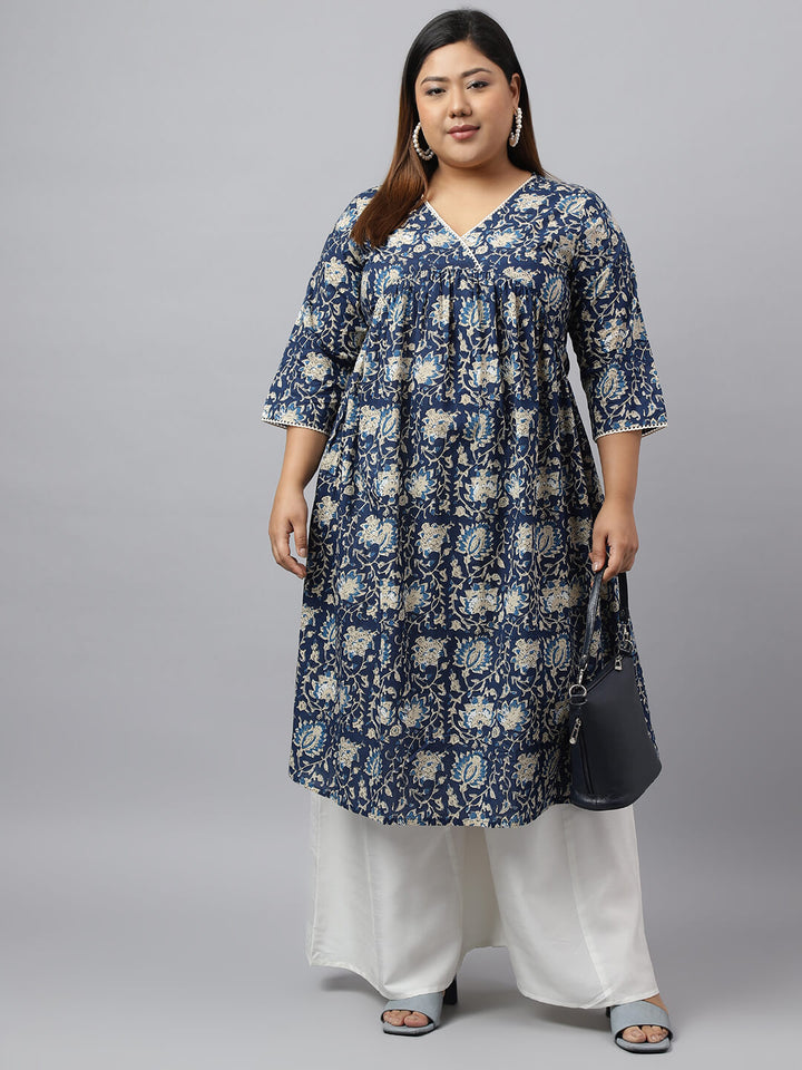 XL LOVE by Janasya Women's Plus Size Navy Blue Cotton Floral Printed Flared kurta  - By Janasya