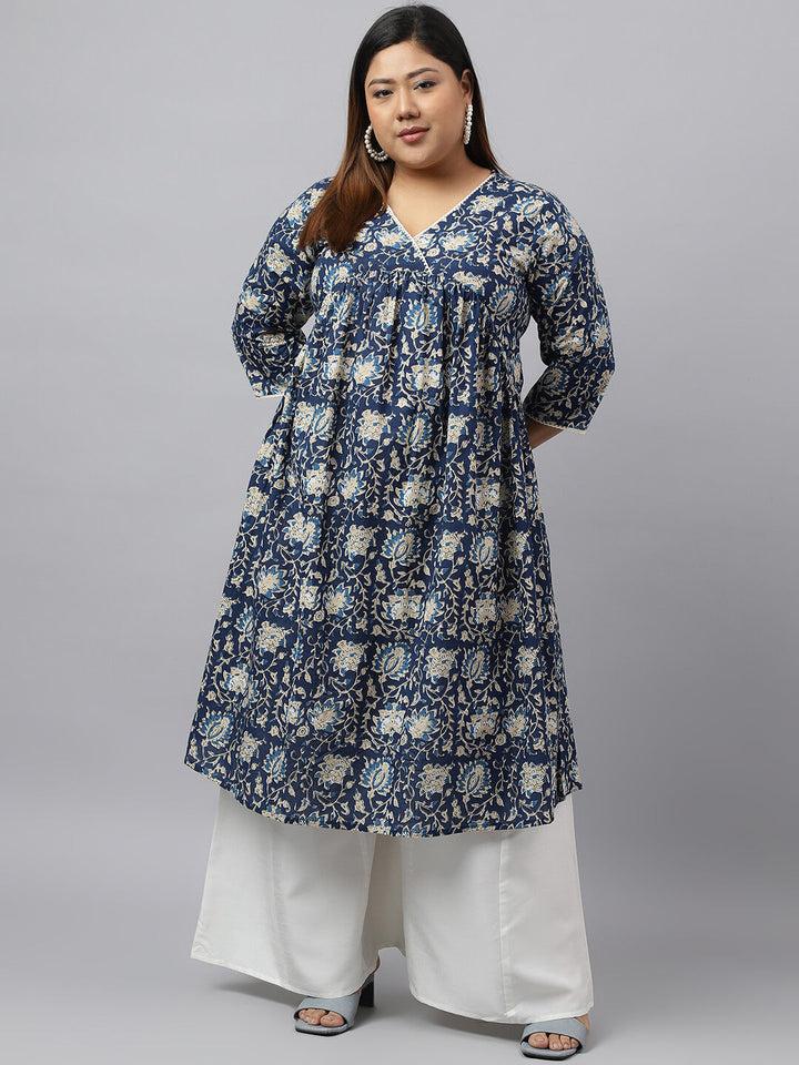 XL LOVE by Janasya Women's Plus Size Navy Blue Cotton Floral Printed Flared kurta  - By Janasya