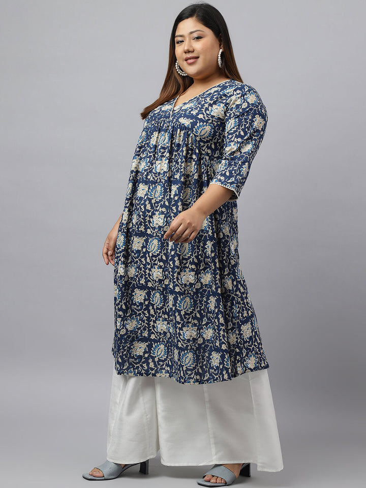 XL LOVE by Janasya Women's Plus Size Navy Blue Cotton Floral Printed Flared kurta  - By Janasya