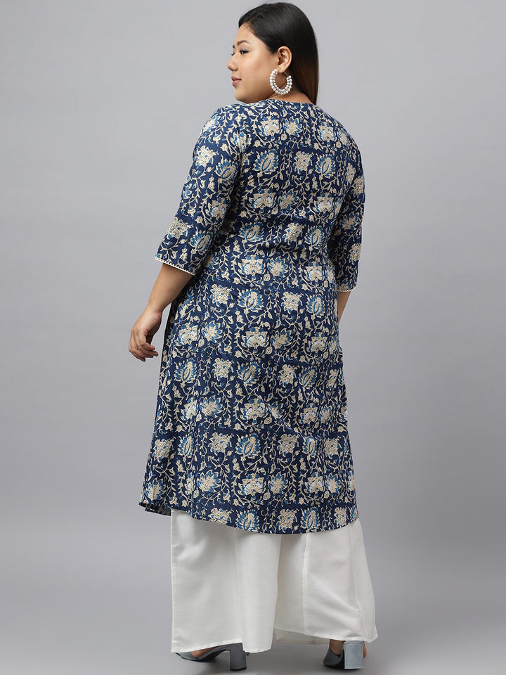 XL LOVE by Janasya Women's Plus Size Navy Blue Cotton Floral Printed Flared kurta  - By Janasya