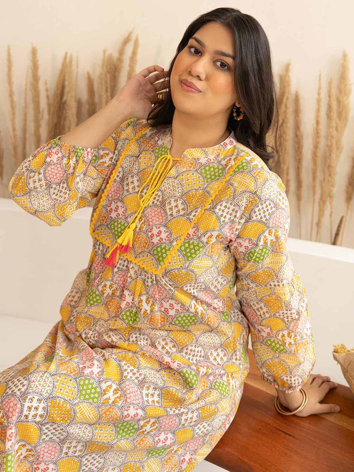 Multicolor Cotton Ethnic Motifs A Line Kurta  - By Janasya