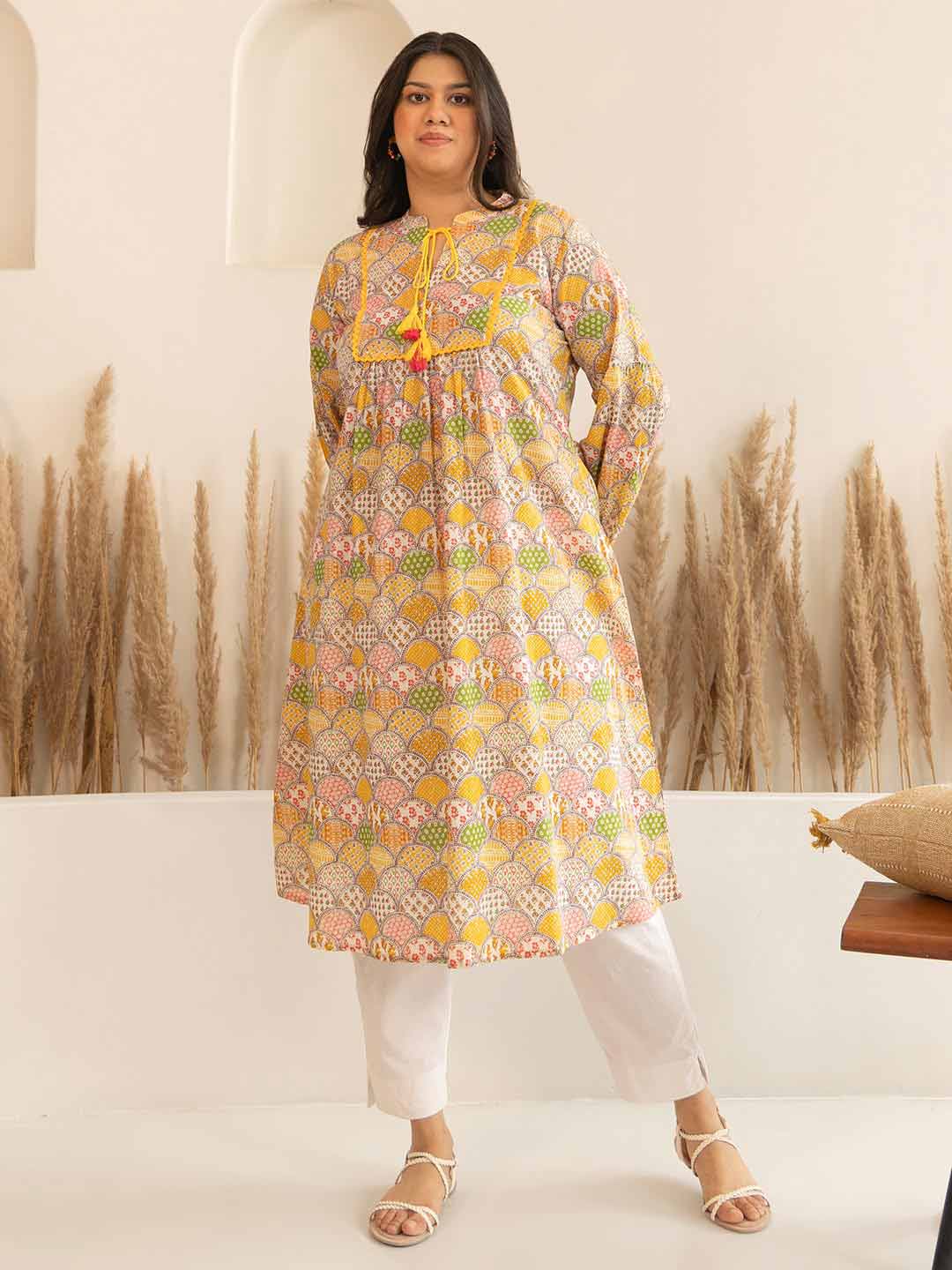 Multicolor Cotton Ethnic Motifs A Line Kurta  - By Janasya