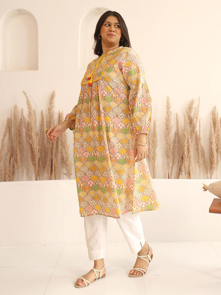 Multicolor Cotton Ethnic Motifs A Line Kurta  - By Janasya