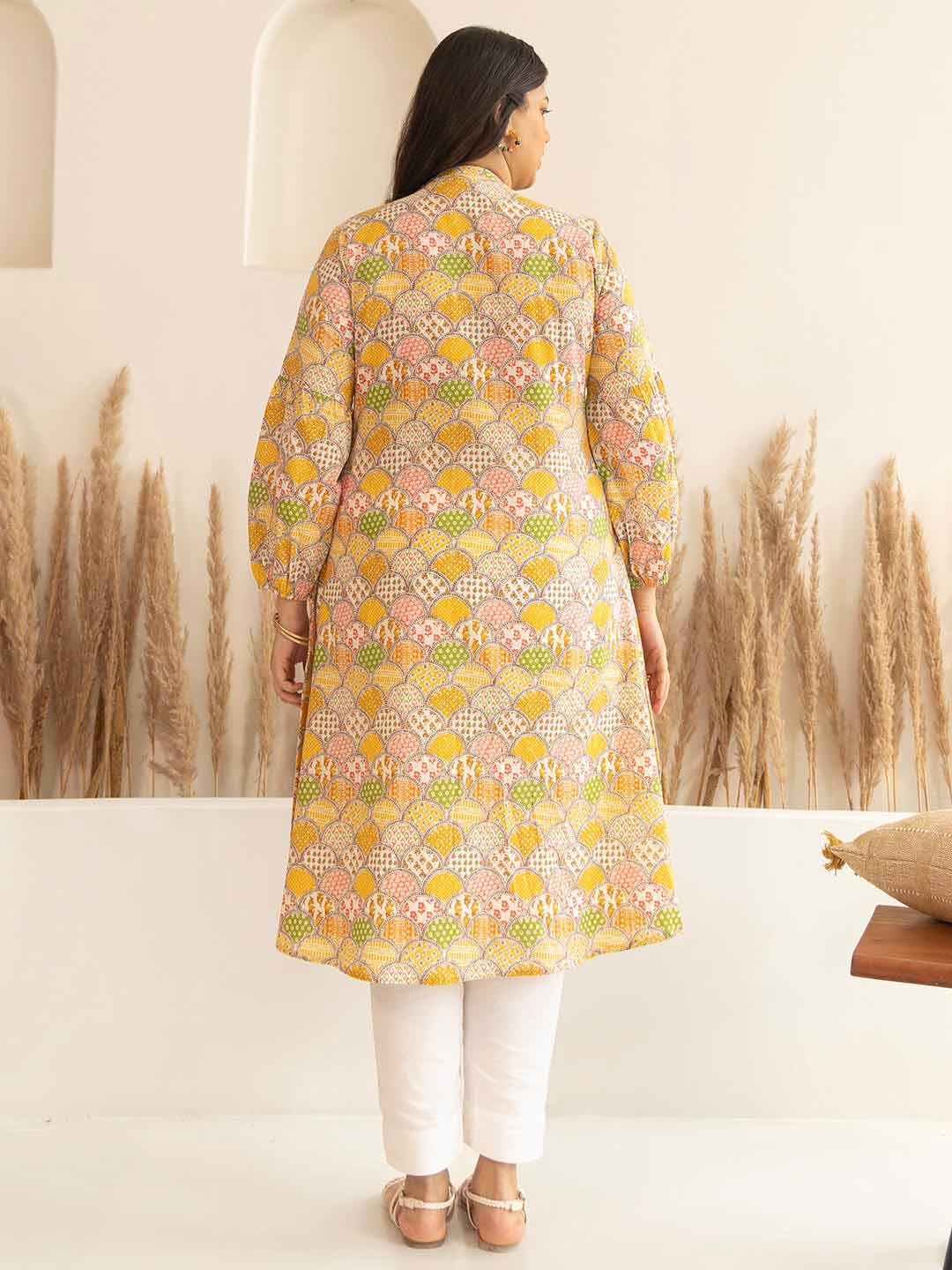 Multicolor Cotton Ethnic Motifs A Line Kurta  - By Janasya