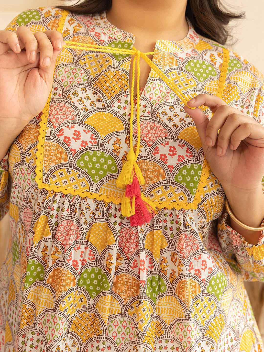 Multicolor Cotton Ethnic Motifs A Line Kurta  - By Janasya