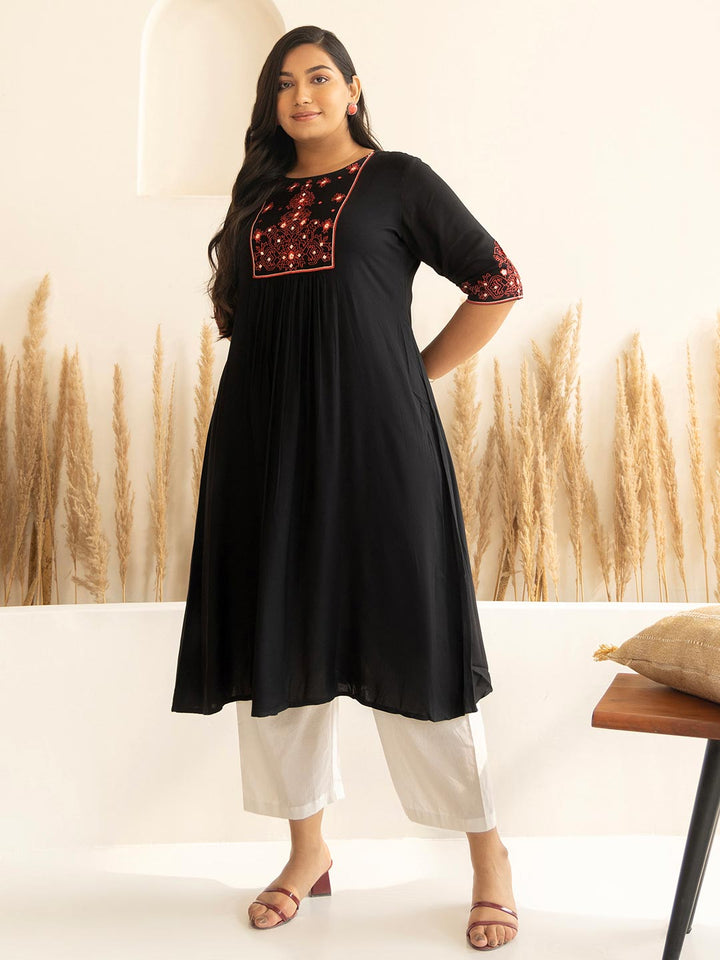 Plus Size Black Rayon Yoke Embroidered A-line kurta  - By Janasya