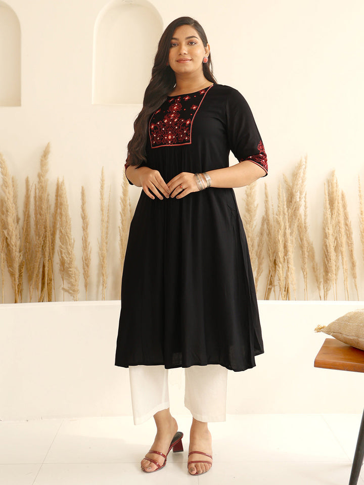 Plus Size Black Rayon Yoke Embroidered A-line kurta  - By Janasya