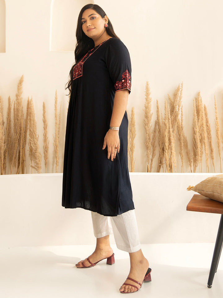 Plus Size Black Rayon Yoke Embroidered A-line kurta  - By Janasya