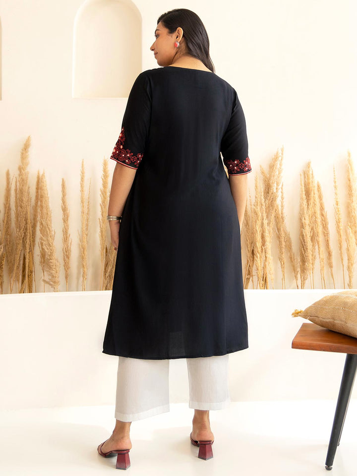 Plus Size Black Rayon Yoke Embroidered A-line kurta  - By Janasya