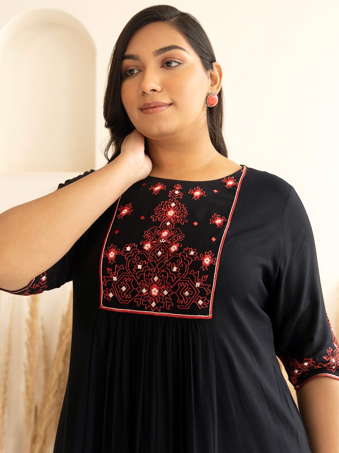 Plus Size Black Rayon Yoke Embroidered A-line kurta  - By Janasya