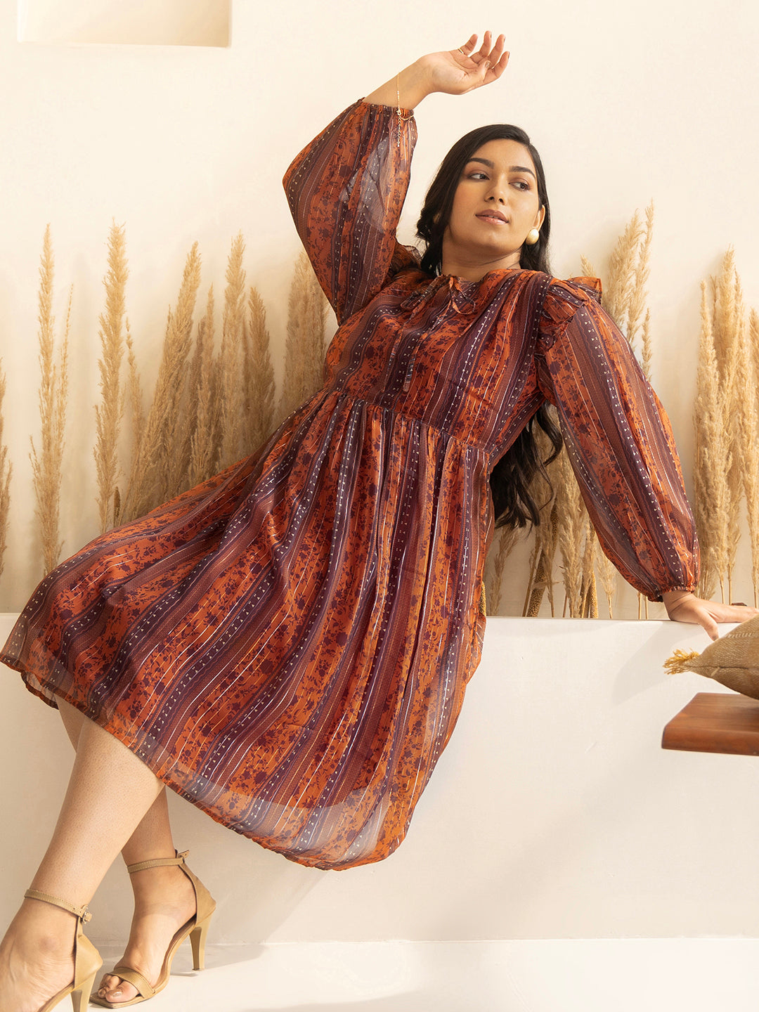 Rust Chiffon Lurex Floral Printed Flared Dress  - By Janasya