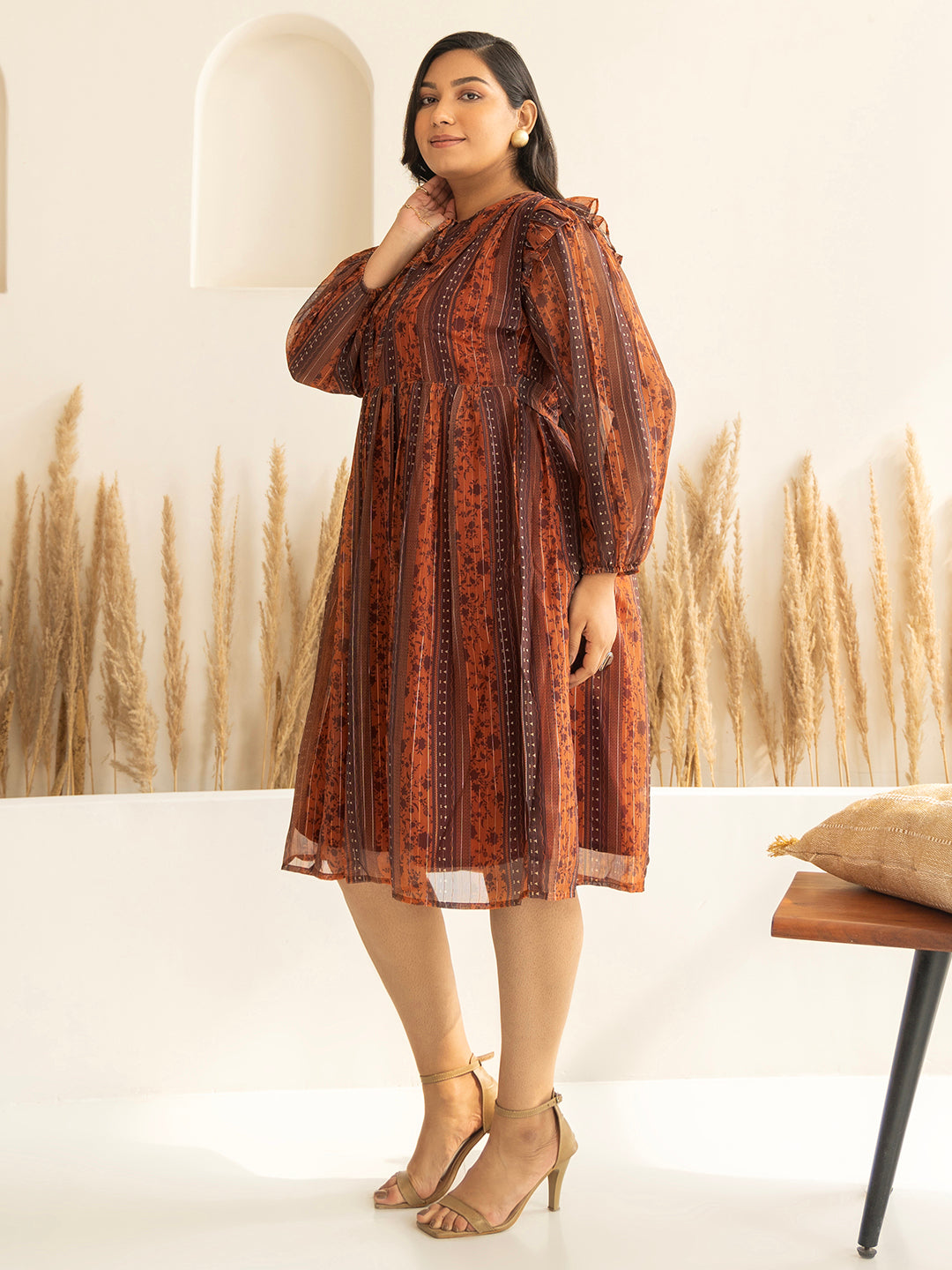 Rust Chiffon Lurex Floral Printed Flared Dress  - By Janasya