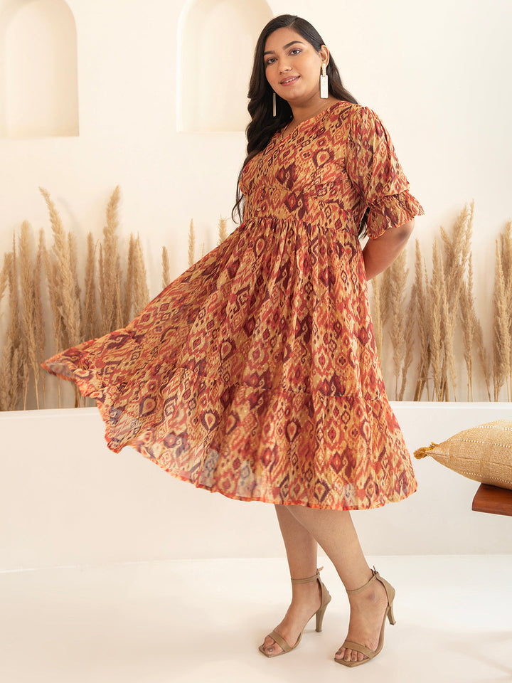 Plus Size Orange Dobby Georgette Ikat Printed Flared Dress  - By Janasya